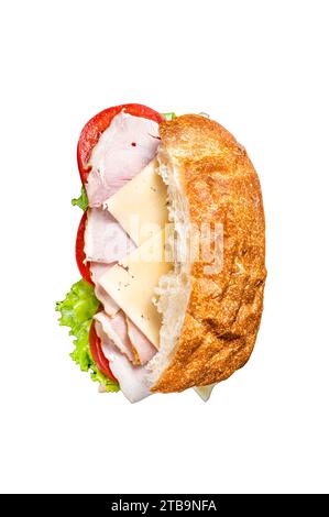 Brummen und Käse-Sandwich mit Käse, Tomaten und Salat. Sub-Sandwich isoliert, weißer Hintergrund Stockfoto