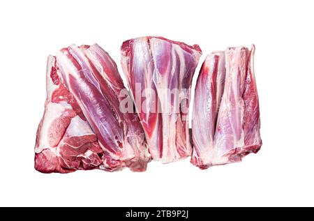 Frisches rohes Lammfleisch in einem Stahlblech. Isolierter, weißer Hintergrund Stockfoto