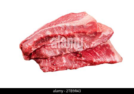 Rohe Rinderfilet geschnitten, Silverside Steak auf einem Holzbrett isoliert, weißer Hintergrund Stockfoto