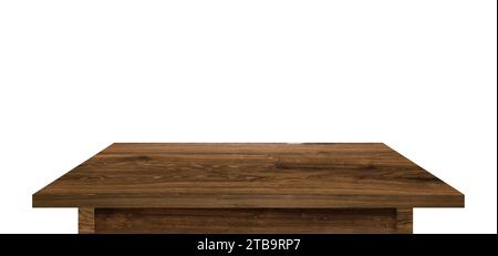 Dunkle Holzplatte auf weißem Hintergrund. Ein Modell eines leeren, strukturierten Holztisches. Stockfoto