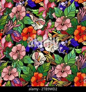 Nahtloses Muster mit Blüten in Buntglastechnik. Vektorabbildung. Stock Vektor