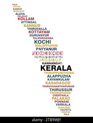 Kerala Karte erstellt mit kerala Städte Namen Wort Wolke Vektor Illustration Stock Vektor