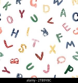 Alphabethintergrund. Aquarellzeichnung von farbigen Buchstaben auf weiß. Kinderschuldekoration. Zeichentrickschriftart im Dschungel. Verpackungs- und Stoffdesign. Stockfoto