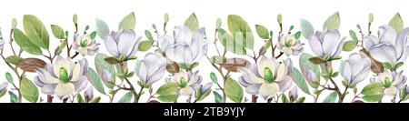 Weiße Magnolien auf isoliertem Hintergrund. Nahtloser Rand von blühenden Blumen in Aquarellfarben. Stockfoto
