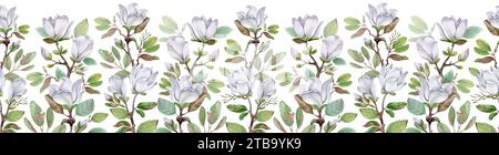 Weiße Magnolien auf isoliertem Hintergrund. Nahtloser Rand von blühenden Blumen in Aquarellfarben. Stockfoto
