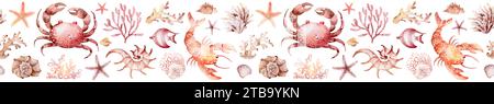 Nahtloser Marineband. Aquarelltiere Krabben und Fische mit Muscheln auf isoliertem Hintergrund für Banner. Natur des Meeresbodens. Stockfoto