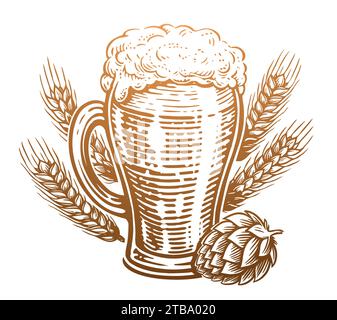 Bierglas mit überlaufendem Schaum, Hopfen und Weizen. Pub, Skizze Vintage Vektor Illustration Stock Vektor