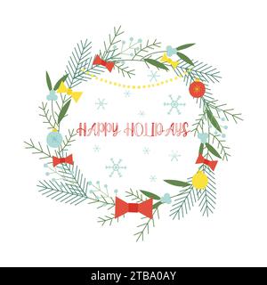 Weihnachtskranz mit Tannenzweigen, weihnachtskugeln und Omela. Flache Vektorillustration für Druck-, Design- und Grußkarten Stock Vektor
