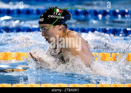 Otopeni, Rumänien. Dezember 2023. Benedetta Pilato aus Italien tritt im 100-m-Halbfinale während der Kurzkurs-Europameisterschaft im Complex Olimpic de Natație Otopeni in Otopeni (Rumänien) am 5. Dezember 2023 an. Quelle: Insidefoto di andrea staccioli/Alamy Live News Stockfoto