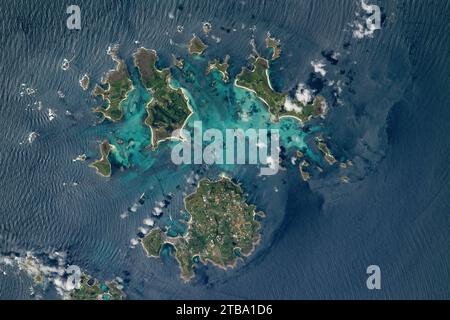 Blick aus dem Weltraum auf die Scilly-Inseln im Keltischen Meer. Stockfoto