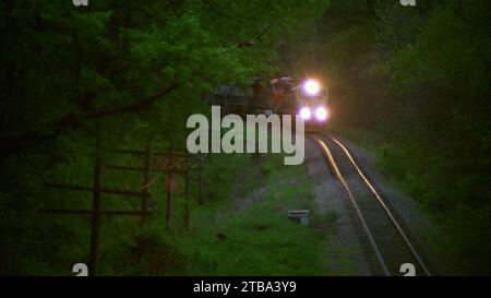 Güterzug umrundet die Kurve und steigt in der Abenddämmerung aus den Dickicht- und üppigen grünen Wäldern hervor Stockfoto