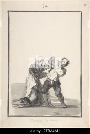 Sie sehen später: Ein Mann trinkt, eine Frau, die versucht, ihn aufzuhalten; Seite 24 aus dem „Black Border Album“ (E) 1935 von Goya (Francisco de Goya y Lucientes) Stockfoto