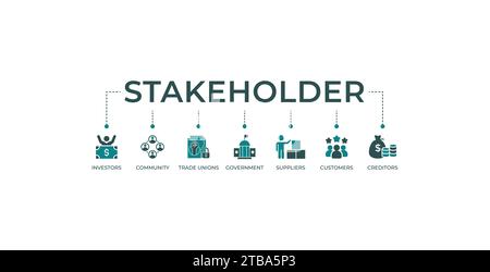 Stakeholder Relationship Banner Web-Symbol-Vektor-Illustration Konzept für Stakeholder, Investor, Regierung und Gläubiger mit Symbol der Gemeinschaft. Stock Vektor