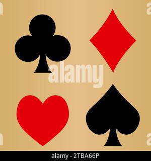 Spielkarten und Pokerspaten, Herz, Schläger, Diamantanzug flach mit goldenem Hintergrund Stock Vektor
