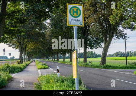 Öffentliche Verkehrsmittel halten an Land, Niederrhein, Elendshof bei Kalkar-Grieth, Rheinuferstraße, 2 Betriebszeiten pro Schultag, Linie 48, auch Haltestelle für die Stockfoto