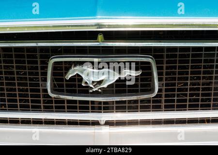 Nahaufnahme des Kühlergrills und Abzeichen des klassischen, blauen Ford Mustang aus dem Jahr 1968 Stockfoto