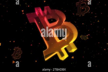 Bitcoin Blockchain Kryptowährung und digitales Geldsymbol digitales abstraktes Konzept holographisches Glas. Cyber-Technologie und Computerhintergrund 3d ob Stockfoto