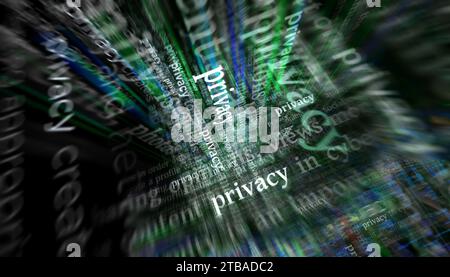Datenschutz und Internetsicherheit Schlagzeilen in internationalen Medien. Abstraktes Konzept von Nachrichtentiteln auf Noise-Displays. TV-Glitzer Stockfoto