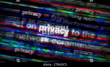 Datenschutz und Internetsicherheit Schlagzeilen in internationalen Medien. Abstraktes Konzept von Nachrichtentiteln auf Noise-Displays. TV-Glitzer Stockfoto