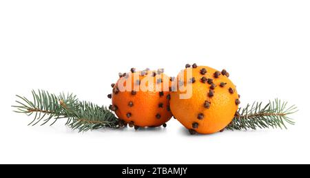 Pomanderkugeln und Weihnachtsbaumzweige auf weißem Hintergrund Stockfoto