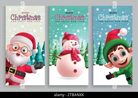 Frohe weihnachten Grußkarte Vektor Poster Set. Frohe weihnachten und frohe Neujahrsgrüße mit weihnachtsmann, Schneemann und Rentier Stock Vektor