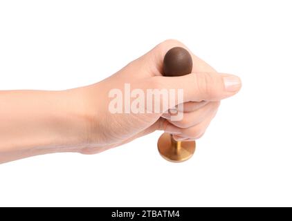 Frau mit Stempel auf weißem Hintergrund, Nahaufnahme Stockfoto