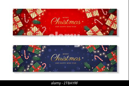 Weihnachtshintergrund eingestellt. Klassisches weihnachtsbanner-Design mit realistischen Geschenkboxen von oben mit goldenen Schleifen, glitzerndem Konfetti und Frohe Weihnachten Stock Vektor