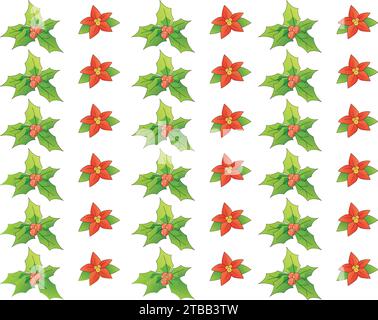 Nahtlose rote und grüne Weihnachtskulisse und die grünen Blätter auf weißem Hintergrund. Stock Vektor