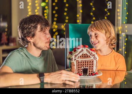 Erleben Sie einzigartige Momente, während Vater und Sohn in ein unkonventionelles Lebkuchenhaus beißen und die Weihnachtstraditionen eine neue Note verleihen. Eine leckere Mischung aus Kreativität Stockfoto