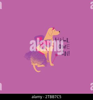 Labrador im Feen-Halloween-Kostüm. Happy Halloween Vektor Illustration. Ideal für Weihnachtskarten, Dekorationen, Einladungen und Aufkleber Stock Vektor