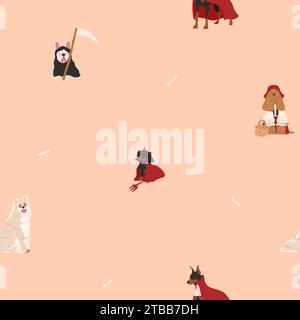 Halloween nahtloses Muster mit Hunden in niedlichen halloween Kostümen. Teufel, Geist, Vampir und Sensenmann. Trick or Treat. Happy Halloween Vector illustr Stock Vektor