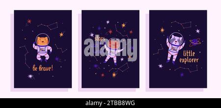 Niedliche Poster für Raumvektoren. Waschbär, Tiger und Bär Astronaut im Weltraum, Zeichentricktier. Schriftzug von Hand zeichnen. Ideal für Kinderkonzepte. Internation Stock Vektor