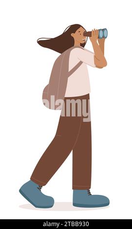 Glückliche Reisende Mädchen sehen die Berge durch Ferngläser Vektor-Illustration. Frau in Wanderkleidung. Reisender Charakter isoliert auf einem Wi Stock Vektor