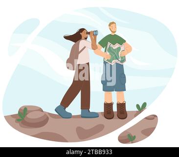 Glückliche Reisende sind auf der Suche nach dem richtigen Weg auf der Karte Vektor Illustration. Mädchen, das durch ein Fernglas in die Berge schaut. Mann und Frau im Hikin Stock Vektor