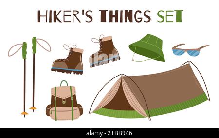 Set von Gegenständen und Kleidung für einen erfolgreichen Ausflug: Campingzelt, Rucksack, Hut, Sonnenbrille, Wanderschuhe und Wanderstöcke. Bergreisen, Klettern Stock Vektor