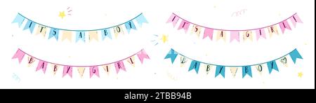 Ein Set farbenfroher Girlanden für die Geburt eines Jungen und eines kleinen Mädchens. Vektor-Design-Elemente für Babyduschen-Einladungen, Poster oder Banner mit Blau Stock Vektor