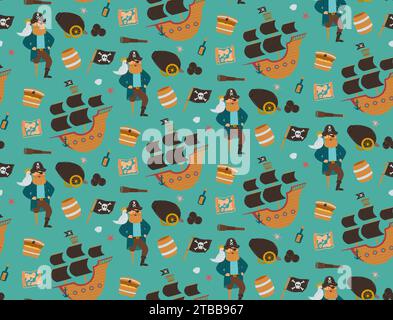 Nahtloses Muster mit einem Piratenschiff-Kapitän, einer Schatzkiste, einem Schiff, einer Schädel- und Kreuzknochenfahne und einem Fass Rum. Illustration des flachen Vektors. Grafik PR Stock Vektor