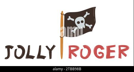Zerrissene Piratenfahne mit weißem Schädel- und Knochensymbol. Wehende schwarze Vektorfahne mit Kreuzknochen-Emblem. Jolly Roger handgezeichneter Text. Vektorabbildungen Stock Vektor