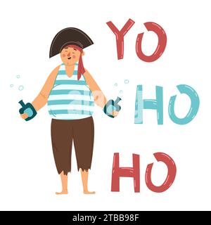 Glücklicher Pirat mit zwei Flaschen Rum. Ein molliger betrunkener Kabinenjunge auf einem Schiff. Yo Ho Ho Pirate qute. Handgezeichneter Schriftzug. Abbildung des Vektorzeichens in Stock Vektor