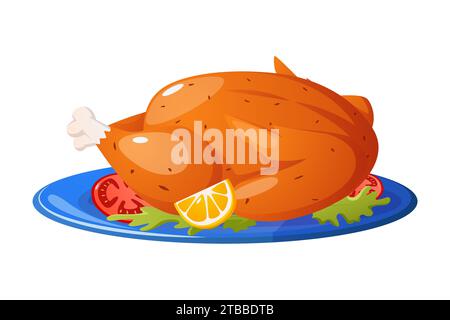 Gebratener Truthahn mit Salat, Tomaten und Zitronenscheibe auf Gericht Vektor-Illustration Stock Vektor