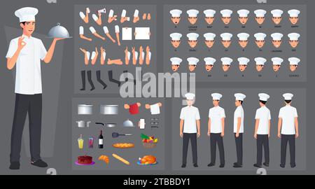 Koch, Cook Character Creation and Animation Pack, Mann mit weißer Schürze, mit Küchenutensilien, Mundanimation und Lip Sync Stock Vektor