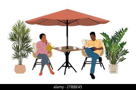 Junges multirassisches Paar, das im Straßencafé sitzt. Stock Vektor