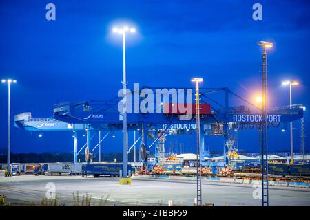 Rostock, Deutschland. November 2023. Der Seehafen mit verschiedenen Hafenbecken und Umschlagterminals. Im Seehafen Rostock sind mehrere Logistikzentren tätig, die Waren abwickeln. Quelle: Jens Büttner/dpa/Alamy Live News Stockfoto