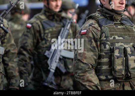 Bukarest, Rumänien - 1. Dezember 2023: Details eines polnischen Soldaten in Uniform während der Militärparade zum rumänischen Nationalfeiertag. Stockfoto
