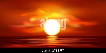 Red Sundown Seascape. Spätabends Sonnenlicht Reflexion Ozeanoberfläche horizontaler Hintergrund. Vektorabbildung. Es wurde keine AI verwendet. Stock Vektor