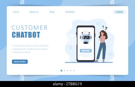 Kundenchatbot-Konzept. Vorlage für Landing-Page. Frau, die mit dem Roboter spricht. KI-Assistent. Mädchen, das Fragen stellt und Antworten erhält. Online-Support Stock Vektor