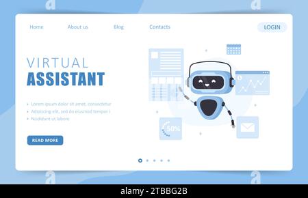 Virtueller Assistent. Vorlage für Landing-Page. Chatbot-Zeichen. Online-Kundensupport. Künstliche Intelligenz. Vektor-Illustration in flachem Cartoon Stock Vektor