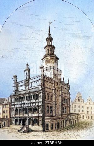 Rathaus von Posen, Schlesien, Polen, Historisch, digital restaurierte Reproduktion von einer Vorlage aus dem 19. Jahrhundert / Rathaus von Posen, Schlesien, Polen, historische, digital restaurierte Reproduktion eines Originals aus dem 19. Jahrhundert Stockfoto