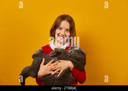 Porträt des schönen Teenager-Mädchens, das ihre graue, fette Katze umarmt Stockfoto