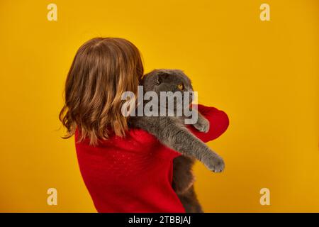 Porträt des schönen Teenager-Mädchens, das ihre graue, fette Katze umarmt Stockfoto